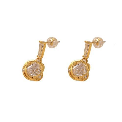 Brass Drop Earring, Geometrical Pattern, gold color plated, micro pave cubic zirconia & for woman, 10x22mm, Sold By Pair