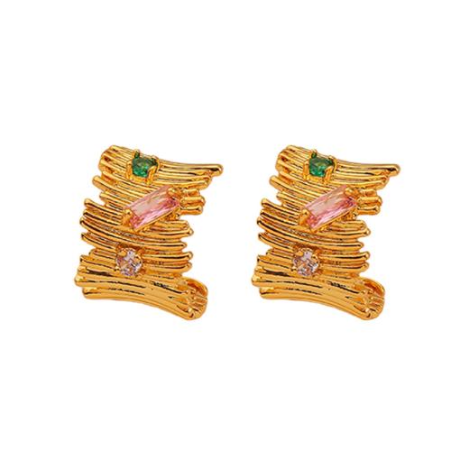 Brass Stud Earring, Geometrical Pattern, gold color plated, micro pave cubic zirconia & for woman, 16x15x12mm, Sold By Pair