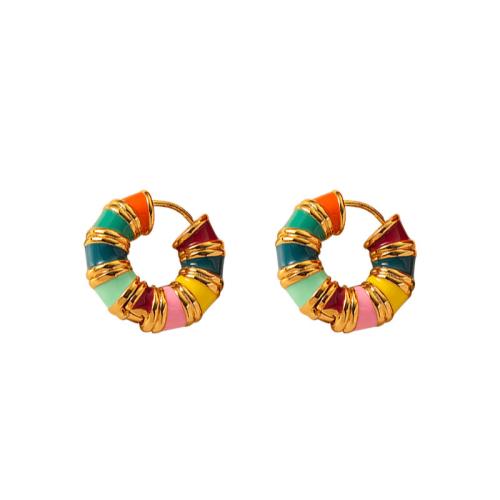 Brass Huggie Hoop Earring, Donut, gold color plated, for woman & enamel, 20x19mm, Sold By Pair