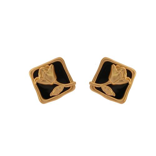Brass Stud Earring, Square, gold color plated, with flower pattern & for woman & enamel, 16x16mm, Sold By Pair