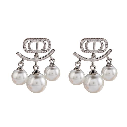 Brass Drop Earring, with Plastic Pearl, platinum color plated, for woman & with rhinestone & hollow, 20x27mm, Sold By Pair