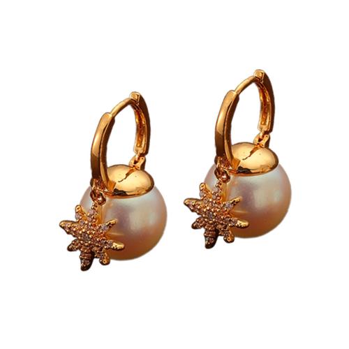 Brass Huggie Hoop Earring, with Plastic Pearl, Eight Point Star, gold color plated, micro pave cubic zirconia & for woman, Sold By Pair