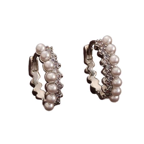 Brass Huggie Hoop Earring, with Plastic Pearl, platinum color plated, micro pave cubic zirconia & for woman, Sold By Pair