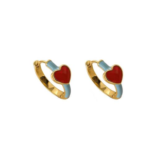 laiton Huggie Anneau d'oreille, coeur, Placage de couleur d'or, pour femme & émail, 16x18mm, Vendu par paire