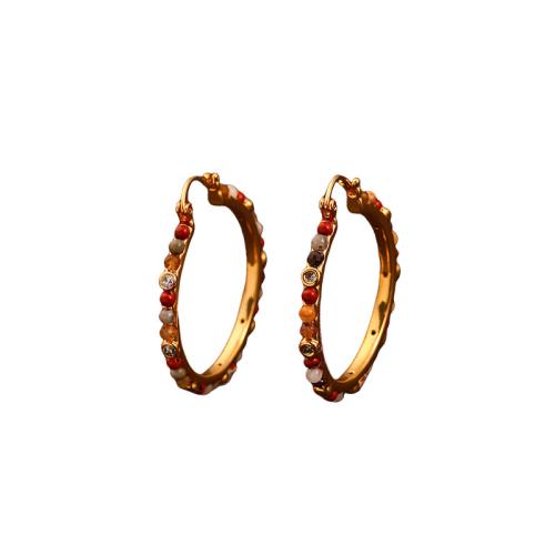 laiton boucle d'oreille leverback, avec pierre gemme, beignet, Placage de couleur d'or, bijoux de mode & pour femme, 36x33x3mm, Vendu par paire