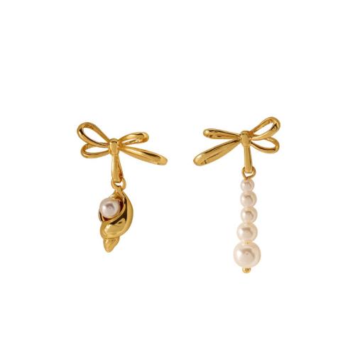 Brass Asymmetric Earrings, with Plastic Pearl, Bowknot, plated, fashion jewelry & for woman, more colors for choice, earrings size 24x45mm, 26x37mm, Sold By Pair