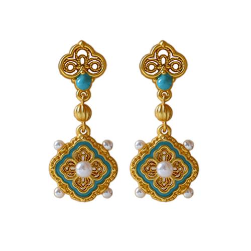Brass Drop Earring, with Plastic Pearl, Four Leaf Clover, gold color plated, for woman & enamel, 30x13x8mm, Sold By Pair