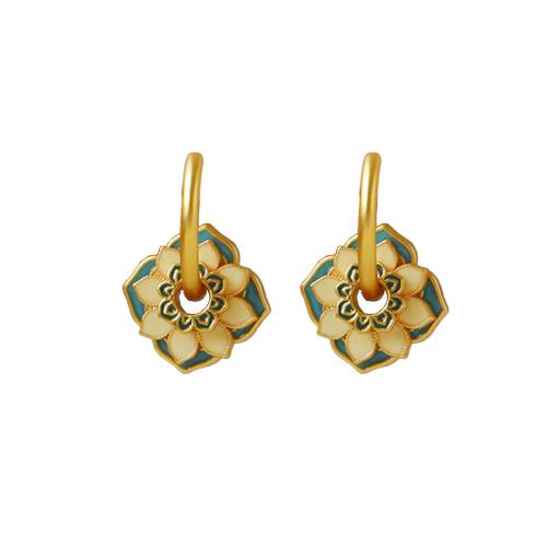 Brass Huggie Hoop Drop Earring, Flower, gold color plated, for woman & enamel, 25x14x4mm, Sold By Pair