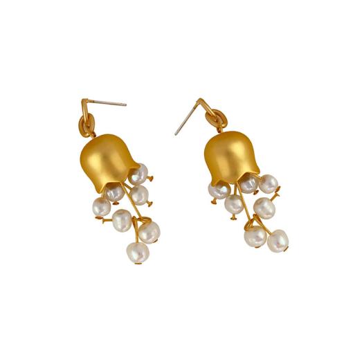 Mosaz Drop náušnice, s Sladkovodní Pearl, Květina, barva pozlacený, různé styly pro výběr & pro ženy, earring length 20-75mm, Prodáno By Pair