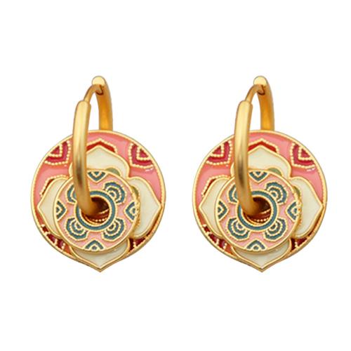 Brass Huggie Hoop Drop Earring, Geometrical Pattern, gold color plated, folk style & for woman & enamel, 18x26mm, Sold By Pair