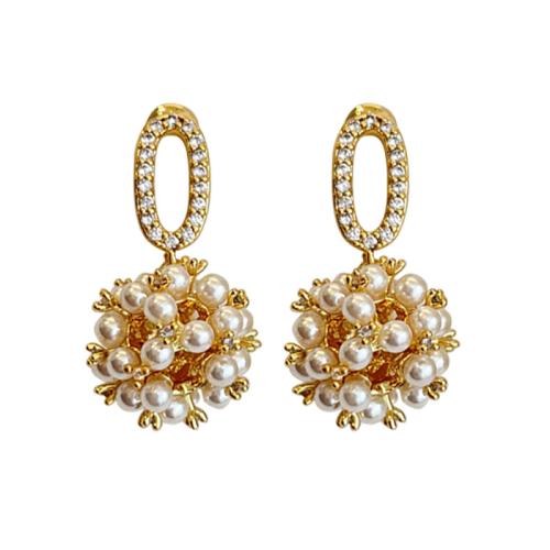 Brass Drop Earring, with Plastic Pearl, gold color plated, micro pave cubic zirconia & for woman & hollow, 12x25mm, Sold By Pair