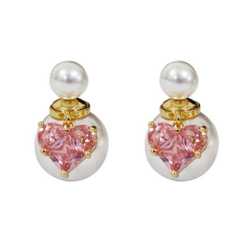 Brass Split Earring, with Plastic Pearl, Heart, gold color plated, micro pave cubic zirconia & for woman, 24mm, Sold By Pair