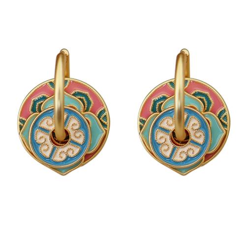 Brass Huggie Hoop Drop Earring, Geometrical Pattern, gold color plated, folk style & for woman & enamel, 18x27mm, Sold By Pair