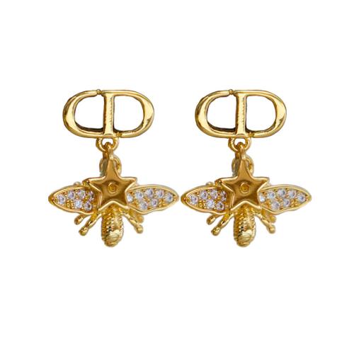 Brass Split Earring, Bee, gold color plated, micro pave cubic zirconia & for woman & hollow, 22x18x4mm, Sold By Pair