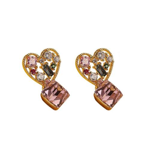 Brass Drop Earring, Heart, gold color plated, micro pave cubic zirconia & for woman & hollow, 12x19mm, Sold By Pair