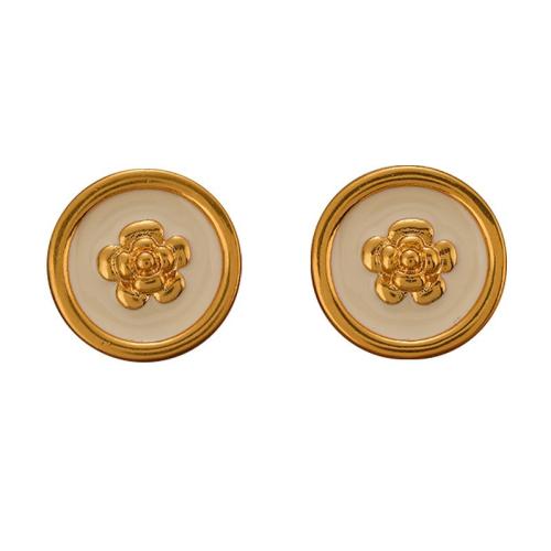 Brass Stud Earring, Round, gold color plated, with flower pattern & for woman & enamel, more colors for choice, 21mm, Sold By Pair