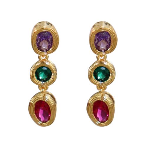Brass Drop Earring, Geometrical Pattern, gold color plated, micro pave cubic zirconia & for woman, 7x27mm, Sold By Pair