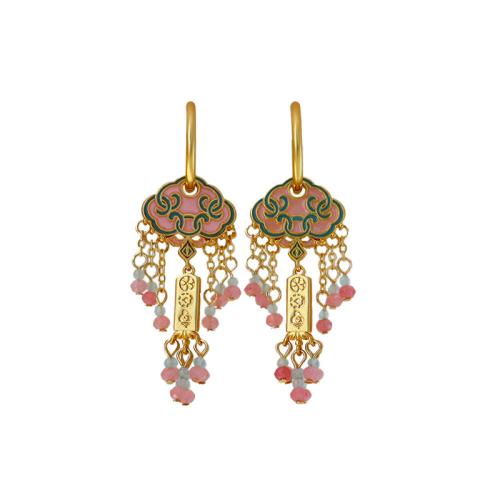 Brass Huggie Hoop Drop Earring, with Glass Beads, Geometrical Pattern, gold color plated, vintage & for woman & enamel, 58x18x2mm, Sold By Pair