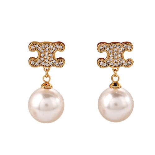 Brass Drop Earring with Plastic Pearl Geometrical Pattern gold color plated micro pave cubic zirconia & for woman Sold By Pair