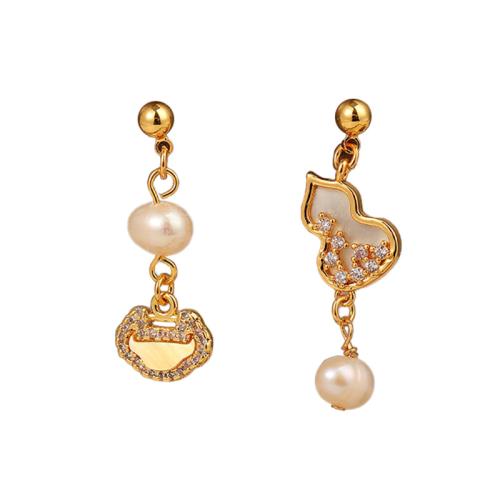 Brass Asymmetric Earrings, with Freshwater Pearl, gold color plated, micro pave cubic zirconia & for woman, earring size 30x11x6mm, 34x10x6mm, Sold By Pair