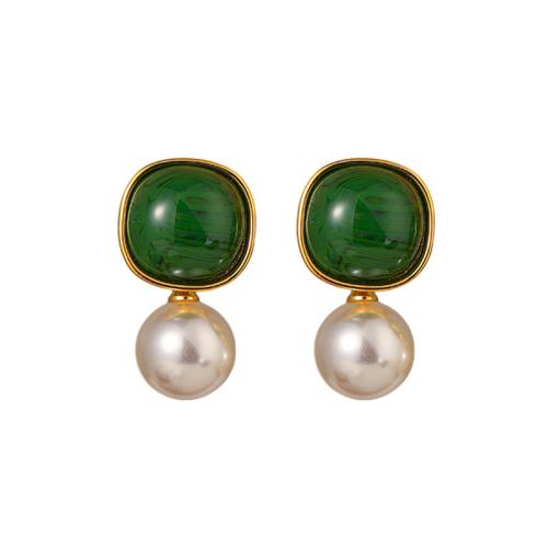 Messing Drop Earring, med Resin & Plastic Pearl, Geometrisk mønster, guldfarve belagt, Vintage & for kvinde, 28x16x12mm, Solgt af par