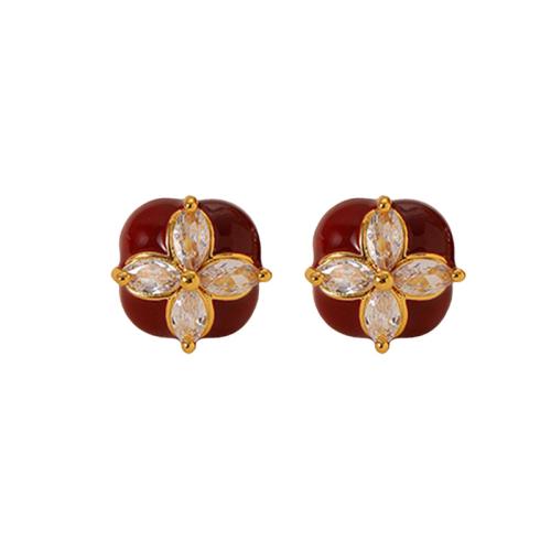 Brass Stud Earring, Four Leaf Clover, gold color plated, micro pave cubic zirconia & for woman & enamel, 14x14x8mm, Sold By Pair