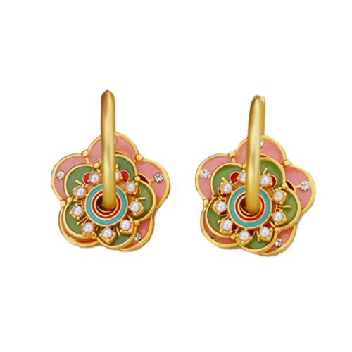 Brass Huggie Hoop Drop Earring, with Plastic Pearl, Flower, gold color plated, for woman & enamel, Sold By Pair