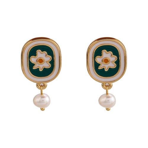 Brass Drop Earring, with Freshwater Pearl, Geometrical Pattern, gold color plated, with flower pattern & for woman & enamel, 14x27mm, Sold By Pair