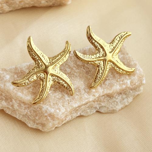 Stainless Steel Stud Earrings, 304 Stainless Steel, with 201 Stainless Steel, Starfish, fashion jewelry & for woman, golden, 35x35mm, Sold By Pair