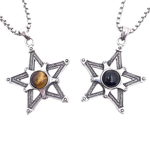 Stainless Steel Jewelry Necklace, 304 Stainless Steel, with Tiger Eye & Black Stone, Star, different length for choice & Unisex & different styles for choice, 52x48mm, Sold By PC
