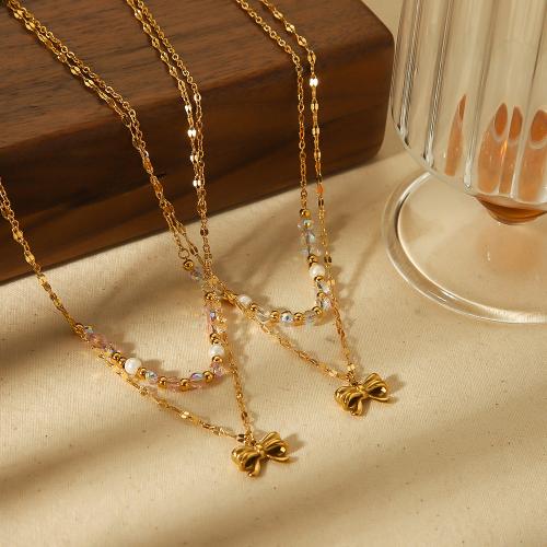 Stainless Steel Jewelry Necklace 304 Stainless Steel with Plastic Bowknot gold color plated Double Layer & for woman Sold By PC