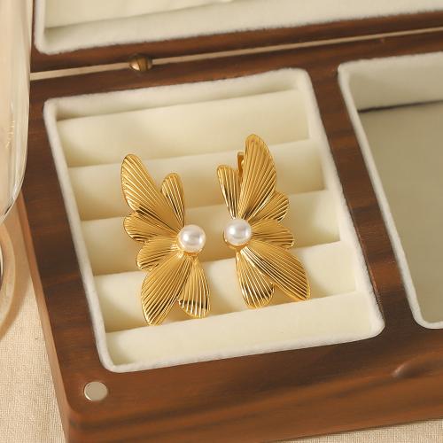 Stainless Steel Stud Earrings, 304 Stainless Steel, with Plastic Pearl, Butterfly, gold color plated, for woman, Sold By Pair