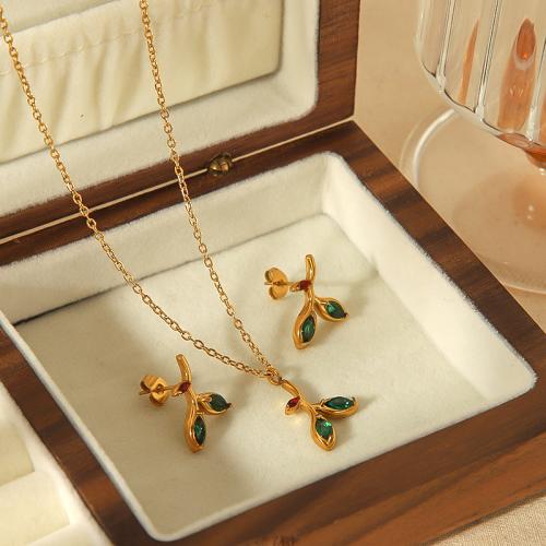 Cubic Zirconia Stainless Steel Jewelry Sets, Stud Earring & necklace, 304 Stainless Steel, Leaf, gold color plated, different styles for choice & micro pave cubic zirconia & for woman, more colors for choice, Sold By PC