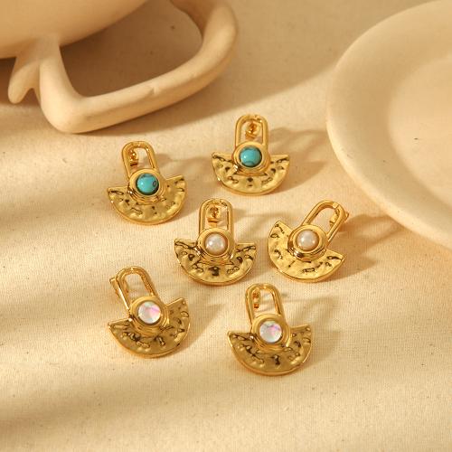 Stainless Steel Stud Earrings 304 Stainless Steel with turquoise & Plastic Pearl gold color plated for woman Sold By Pair