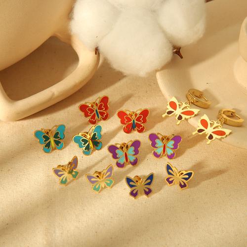 Edelstahl Ohrringe, 304 Edelstahl, Schmetterling, goldfarben plattiert, verschiedene Stile für Wahl & für Frau & Emaille, keine, verkauft von Paar