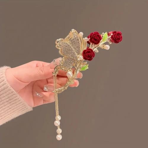 Hair Claw Clips, Tibetan Style, with Plastic Pearl, plated, fashion jewelry & enamel & with rhinestone, golden, nickel, lead & cadmium free, 50x110mm, Sold By PC