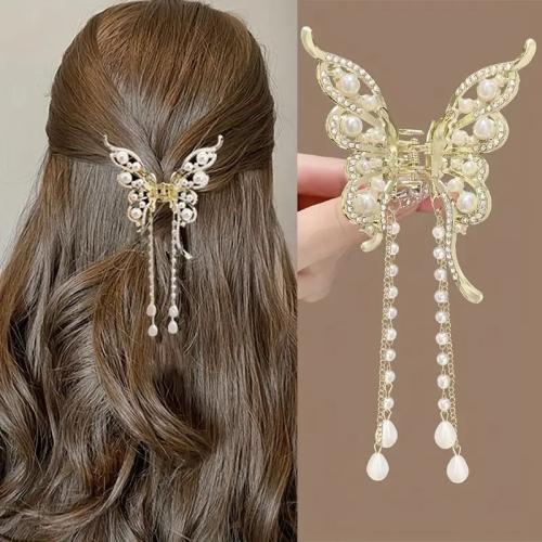 Hair Claw Clips, Tibetan Style, with Plastic Pearl, Butterfly, plated, fashion jewelry & with rhinestone, golden, nickel, lead & cadmium free, Sold By PC