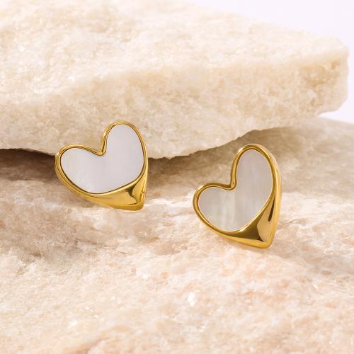 Stainless Steel Stud Earrings, 304 Stainless Steel, with Shell, Heart, gold color plated, fashion jewelry, golden, 15x15mm, Sold By Pair