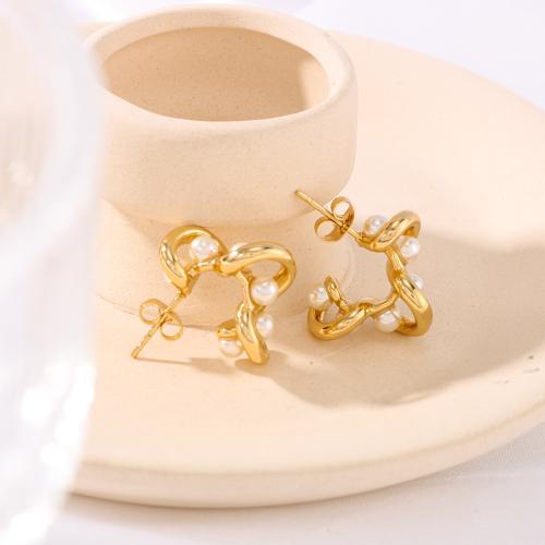 Edelstahl Ohrringe, 304 Edelstahl, mit Kunststoff Perlen, plattiert, Modeschmuck, goldfarben, 17x20mm, verkauft von Paar
