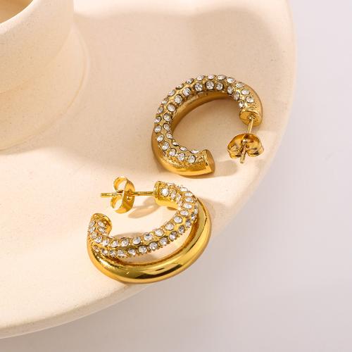 Stainless Steel Stud Earrings, 304 Stainless Steel, gold color plated, fashion jewelry & with rhinestone, golden, 22x22mm, Sold By Pair