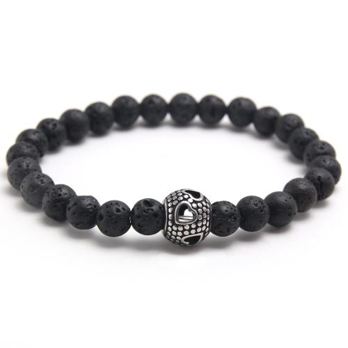 Gemstone Bracelets, Lava, with Elastic Thread & 304 Stainless Steel, fashion jewelry & for man, black, Length:7.1 Inch, Sold By PC