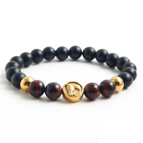 Gemstone Bracelets, Abrazine Stone, with Elastic Thread & 304 Stainless Steel, gold color plated, fashion jewelry & Unisex, black, Length:7.1 Inch, Sold By PC