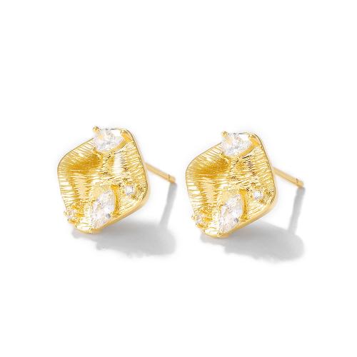 Brass Earring Stud Component, real gold plated, DIY & micro pave cubic zirconia, gold, 13x13mm, Sold By Pair