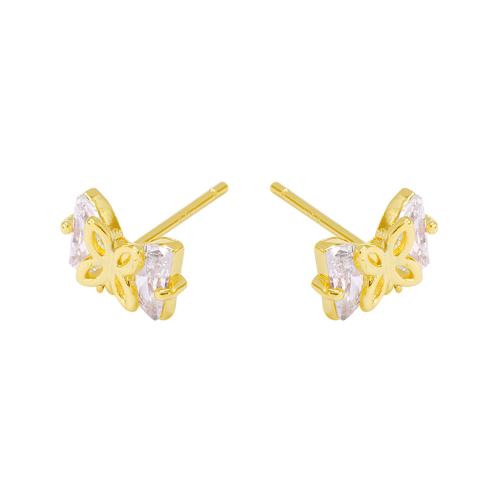 Brass Earring Stud Component, Bowknot, real gold plated, DIY & micro pave cubic zirconia, gold, 8x4mm, Sold By Pair