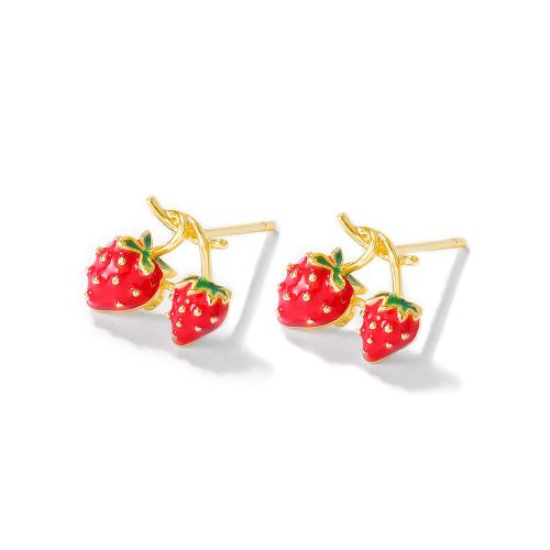 Brass Earring Stud Component, Strawberry, real gold plated, DIY & enamel, gold, 11x9mm, Sold By Pair