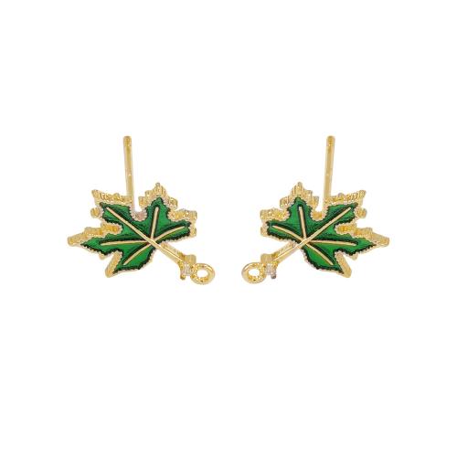 Brass Earring Stud Component, Maple Leaf, real gold plated, DIY & micro pave cubic zirconia & enamel, Crystal Gold, 9x13mm, Sold By Pair
