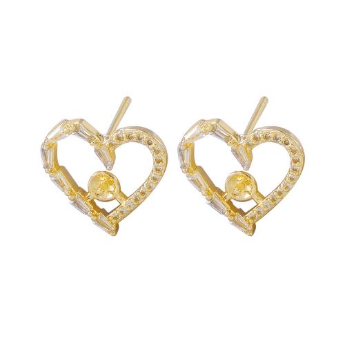 Brass Earring Stud Component, Heart, real gold plated, DIY & micro pave cubic zirconia, Crystal Gold, 13x11mm, Sold By Pair