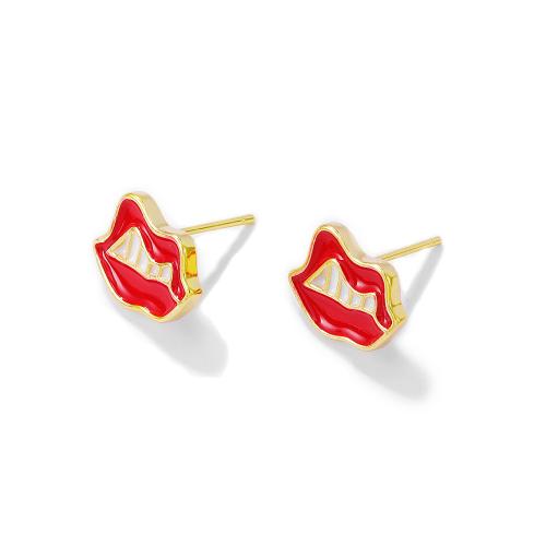 Brass Earring Stud Component, Lip, real gold plated, DIY & enamel, Crystal Gold, 13x10mm, Sold By Pair