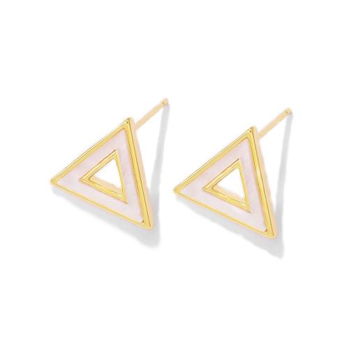 Brass Earring Stud Component, Triangle, real gold plated, DIY & enamel, Crystal Gold, 14x12mm, Sold By Pair