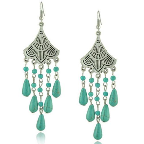 Boucles d'oreilles en alliage de zinc, avec turquoise, style folk & pour femme, argent, Vendu par paire